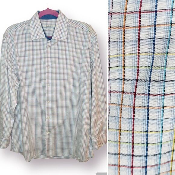 Perry Ellis Slim Colorful Plaid Check Casual Button Down Long Sleeves 17 32 x 33 - Picture 1 of 9